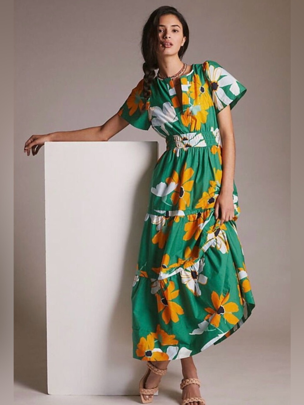 Anthropologie Maeve Somerset Green Floral Maxi Dress  sz xxs
